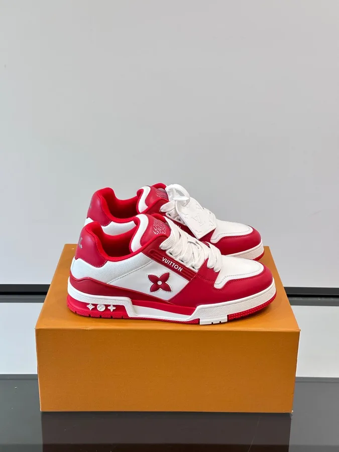 LV Men Red White Leather Sneakers