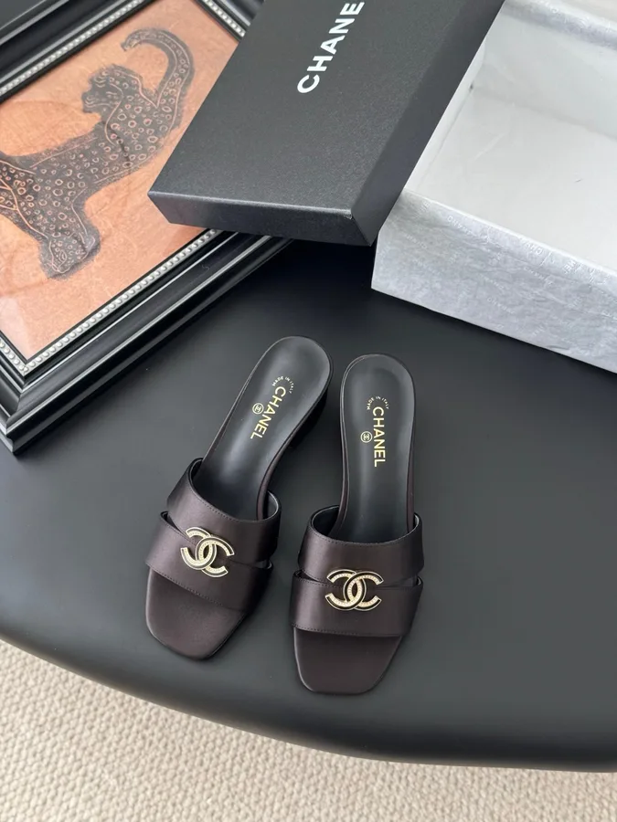 Chanel Women Dark Brown Satin Mules