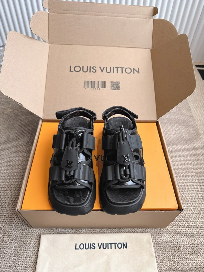 LV Women Black Leather Sporty Sandals