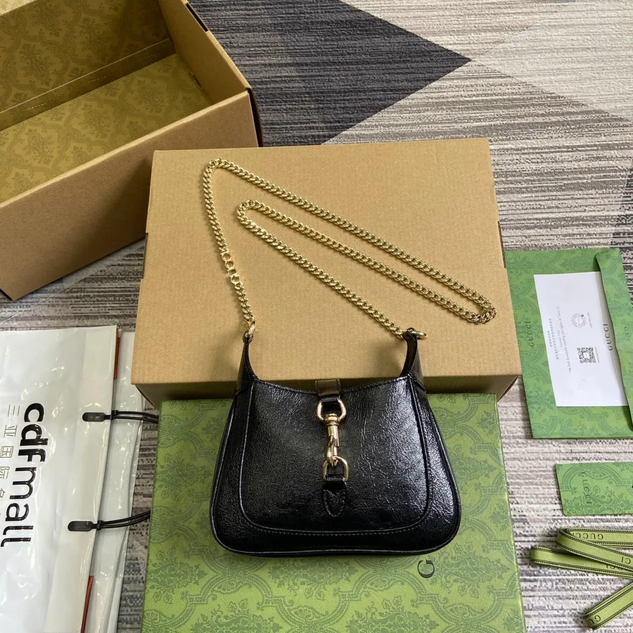 Jackie Notte Mini Bag 19 in Black Cracked Lacquer Calfskin Gold Hardware
