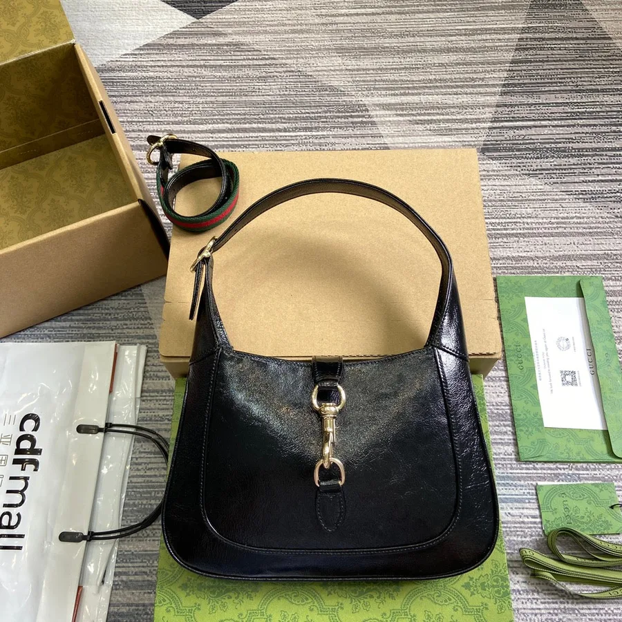 Jackie Small Shoulder Bag 27 in Black Cracked Lacquer Gold Hardware