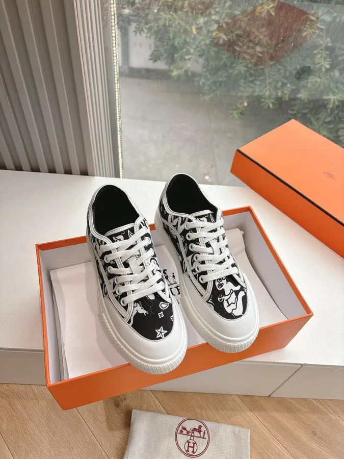 Hermes Women Black White Canvas Sneakers