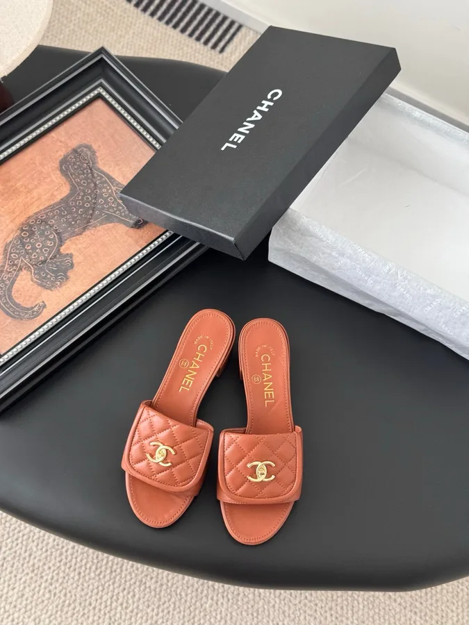 Chanel Women Brown Quilted Leather Slides