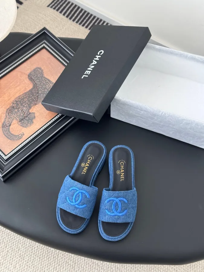 Chanel Women Blue Denim Slides