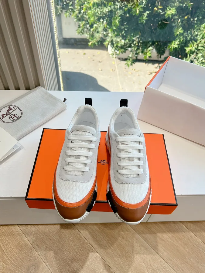 Hermes Women White Brown Leather Mesh Sneakers