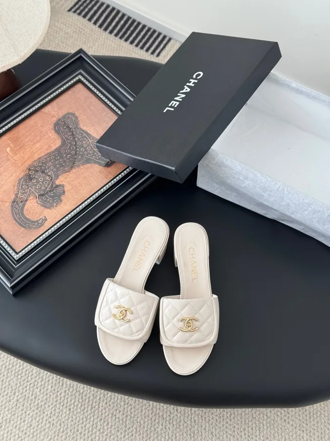 Chanel Women Ivory Quilted Leather Mules