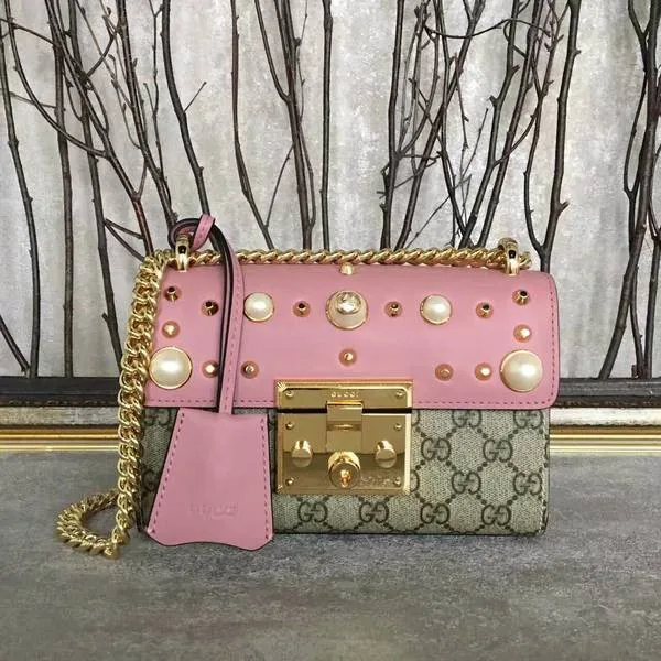 Knockoff Gucci Padlock Studded Leather Shoulder Bag 432182A Pink HY440Bt18