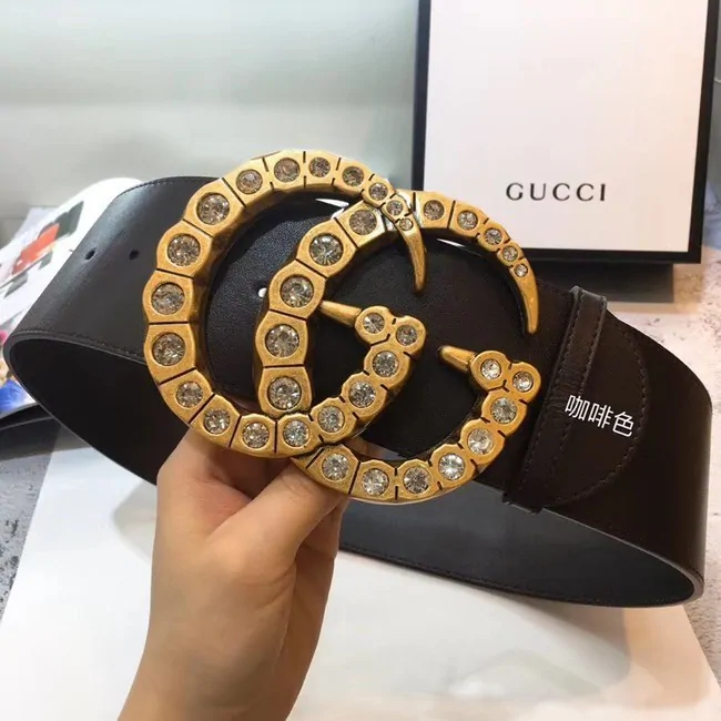 Replica Gucci Wide leather with crystal Double G buckle 550110 Chocolates HY317it96