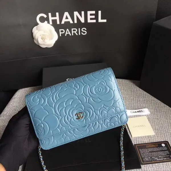 Chanel WOC Skyblue Camellia Leather mini Flap Bag A33814 Silver HY5336Gp37