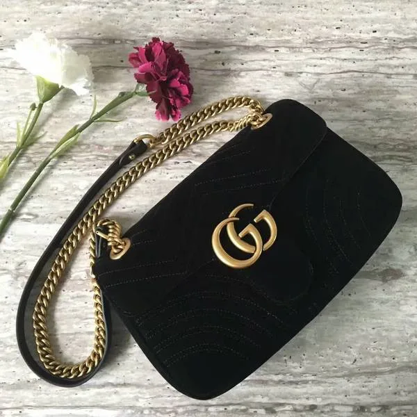 Replica Gucci GG Marmont Suede Leather Medium Shoulder Bag 443497 Black HY98Hd81