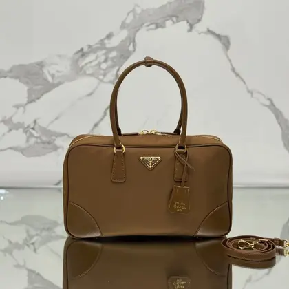 Large Top Handle Bag 35 in Cherry Wood Nylon and Calfskin Trim — Prada Handbags sample