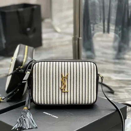 SAINT LAURENT Lou Medium Ysl Striped Canvas Camera Crossbody Bag In Grey Cream — Saint Laurent Handbags sample