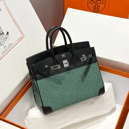 HN 25cm in Black Swift Black/mint/blanc Toile Canvas (custom-made) — Hermès Handbags sample