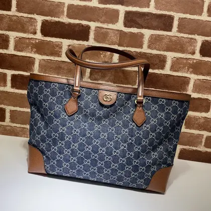 Gucci Medium Tote GG Denim Bag Brown Navy blue Leather — Gucci Handbags sample