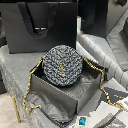 Saint Laurent YSL Women Vinyle Round Camera Bag in Chevron-Quilted Denim and Suede — Saint Laurent Handbags sample