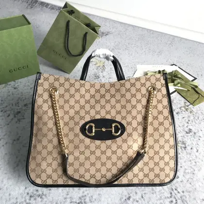 Gucci Brown Large GG Canvas 1955 Horsebit Chain Tote Beige — Gucci Handbags sample