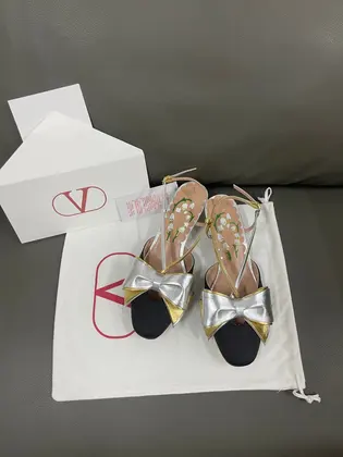 Valentino Women Black Satin Silver Gold Leather Heels — Valentino Handbags sample