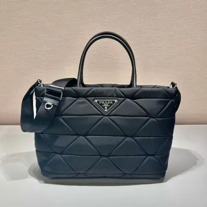 Triangle Pattern Tote Bag 33 in Black Quilted Re-nylon — Prada Handbags sample