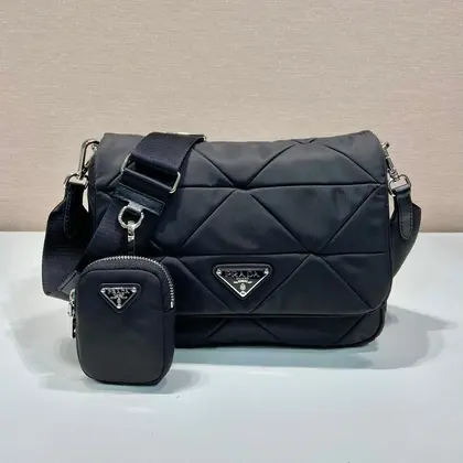 Medium Flap Bag 24 in Black Triangular Quilted Pattern Re-nylon — Prada Handbags sample