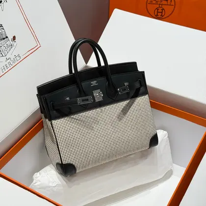 HN 25cm in Black Swift White Black Plaid Toile Canvas (custom-made) — Hermès Handbags sample