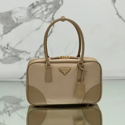 Medium Top Handle Bag 30 in Dried Moss Nylon and Calfskin Trim — Prada Handbags sample