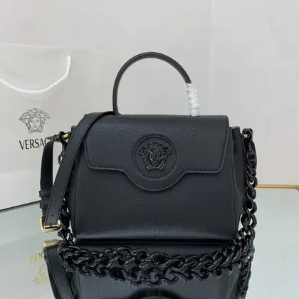 Versace La Medusa medium top handle bag in black grained leather — Versace Handbags sample