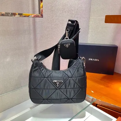 Hobo Bag 24 in Black Triangular Quilted Pattern Re-nylon — Prada Handbags sample