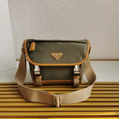 Messenger Bag 20 in Khaki Green Re-nylon and Brown Calfskin Trim — Prada Handbags sample