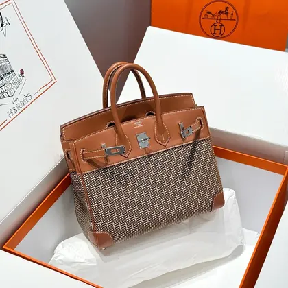 HN 25cm in Gold Swift and Black/white/brown Toile Canvas — Hermès Handbags sample