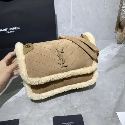 Saint Laurent Medium Niki Shoulder Bag in Tan/Cream Nubuck and Shearling Brown Beige — Saint Laurent Handbags sample
