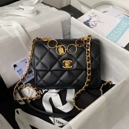 Chanel Like Auth Smooth Black Leather Handbags Demi Lock Black Gold 13x17x6cm — Chanel Handbags sample