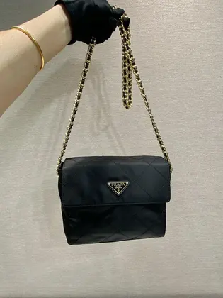 Large Quilted Flap Bag 23 in Black Re-nylon Fabric Gold Chain — Prada Handbags sample
