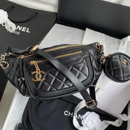Chanel Bumbag Black Wrinkled Leather Lock Gold Handbags 34x15x6cm — Chanel Handbags sample
