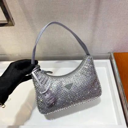 Sparkling Hobo Bag 23 in Silver Nylon Attached Fully Crystals — Prada Handbags sample