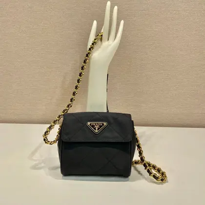 Mini Quilted Flap Bag 14 in Black Re-nylon Fabric Gold Chain — Prada Handbags sample