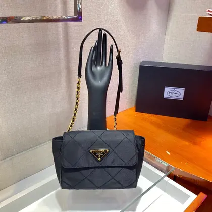 Small Quilted Flap Bag 18 in Black Re-nylon Fabric Gold Chain — Prada Handbags sample
