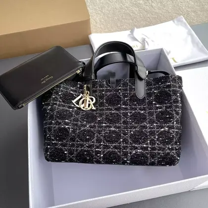 Christian Dior Calfskin Tweed Cannage Medium Toujours Black White — Christian Dior Handbags sample