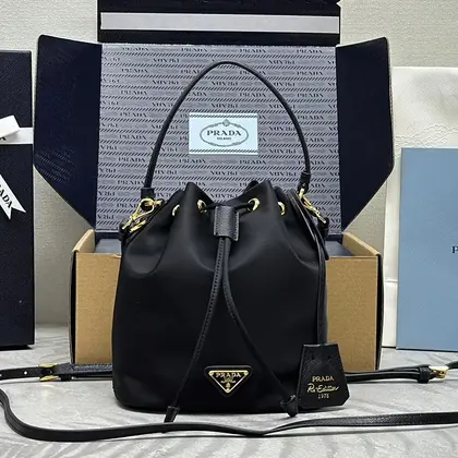 Bucket Bag 19 in Black Re-nylon and Calfskin Handle — Prada Handbags sample
