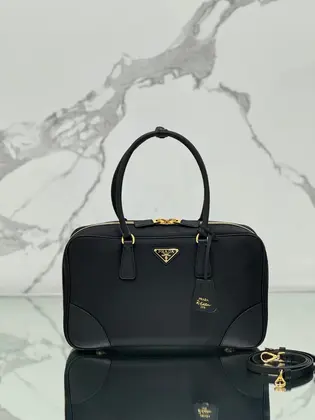 Large Top Handle Bag 35 in Black Nylon and Calfskin Trim — Prada Handbags sample