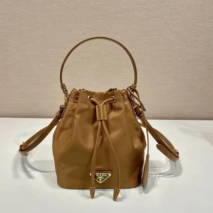 Bucket Bag 19 in Russet Brown Re-nylon and Calfskin Handle — Prada Handbags sample
