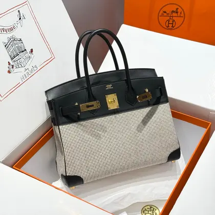 HN 30cm in Black Swift White Black Plaid Toile Canvas — Hermès Handbags sample