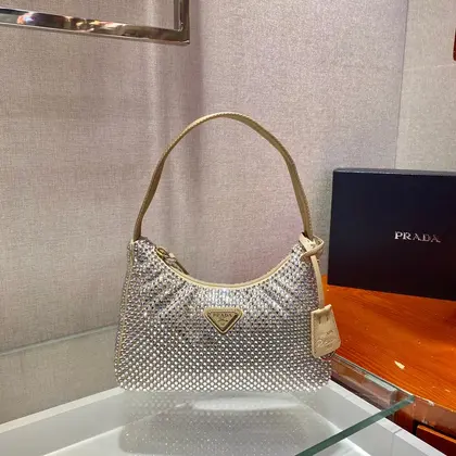 Sparkling Hobo Bag 23 in Beige Nylon Attached Fully Crystals — Prada Handbags sample