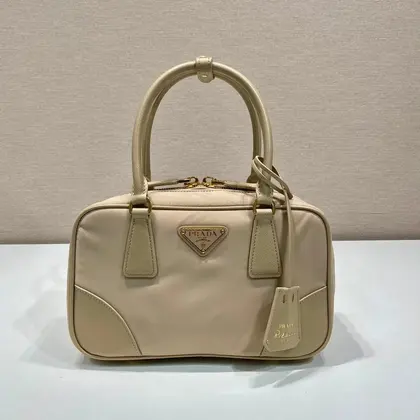 Small Top Handle Bag 25 in Dried Moss Nylon and Calfskin Trim — Prada Handbags sample