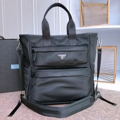 Tote Bag 38 in Black Re-nylon and Saffiano Leather Trim — Prada Handbags sample