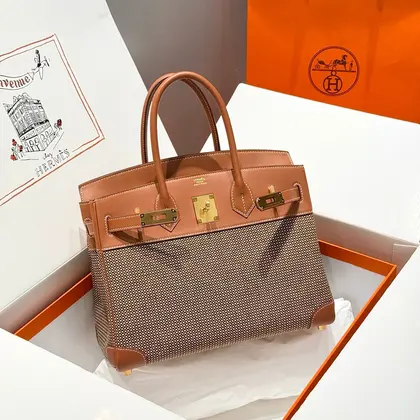 HN 30cm in Gold Swift and Black/white/brown Toile Canvas — Hermès Handbags sample