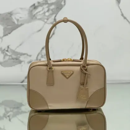 Large Top Handle Bag 35 in Dried Moss Nylon and Calfskin Trim — Prada Handbags sample