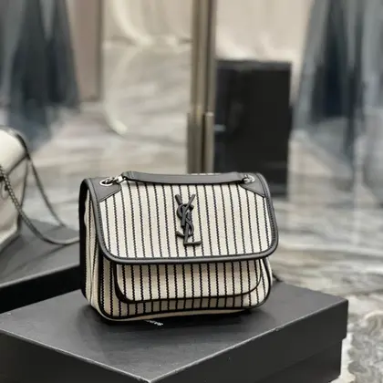 Saint Laurent Cotton Canvas Striped Vintage Calfskin Monogram Medium Niki Chain Satchel — Saint Laurent Handbags sample