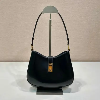Prada Cleo Shoulder Bag 22 in Black Brushed Lambskin with Clasp Closure — Prada Handbags sample